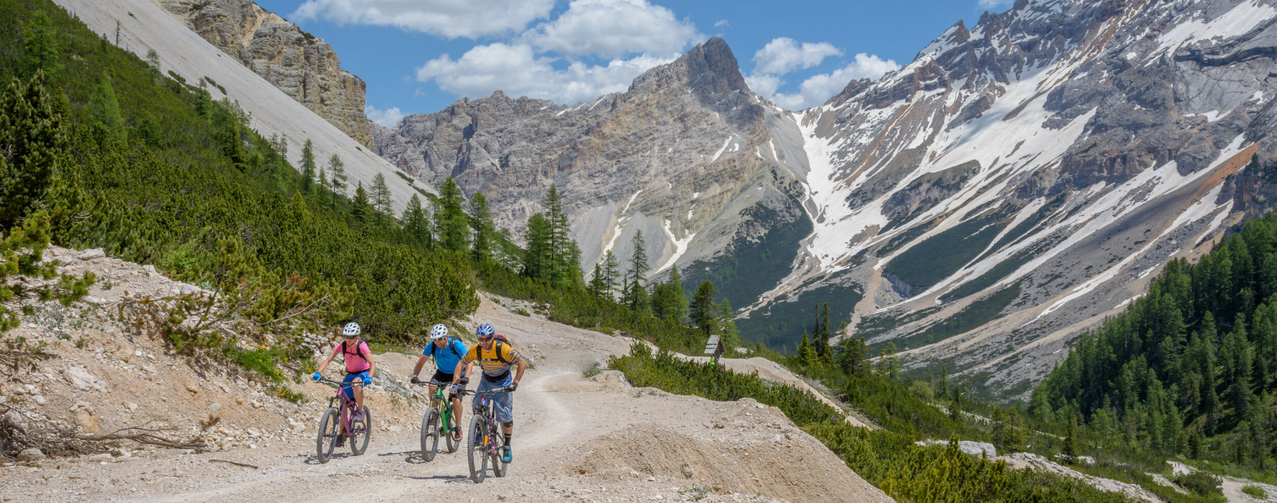 Drei Radfahrer fahren auf einem Bergweg mit felsigen Gipfeln, grünen Bäumen und Schneeflecken im Hintergrund. - Camping Al Plan